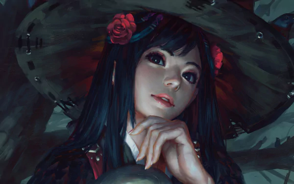 HD desktop wallpaper featuring a fantasy woman with blue hair, wearing a straw hat adorned with roses, and gazing softly ahead.
