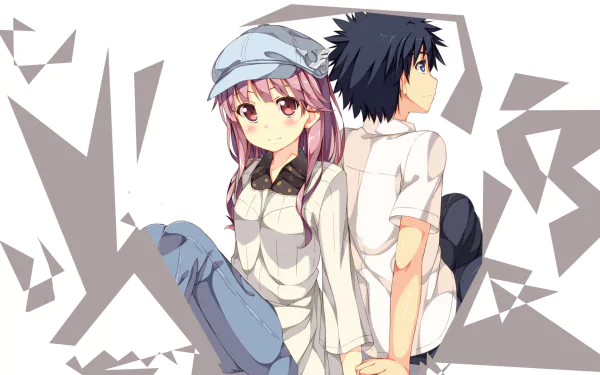 HD anime desktop wallpaper featuring Kamijou Touma and Arisa Meigo from A Certain Magical Index, with a modern geometric background.