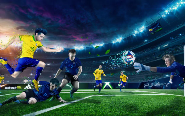 4K Ultra HD PC desktop wallpaper and background of a stadium soccer field: intense soccer match under floodlights, players diving and goalkeeping in dynamic sports action.