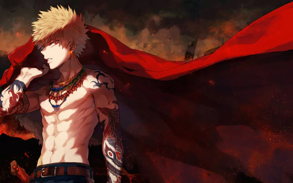 HD desktop wallpaper featuring the anime character Katsuki Bakugou from My Hero Academia, showcasing his blonde hair, muscular build, and red cape, set against a dramatic background.