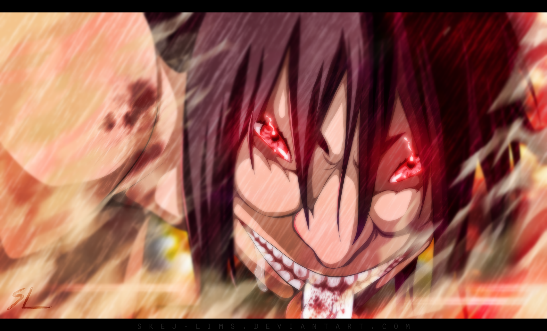 Fiery close-up of a snarling Attack on Titan titan with glowing red eyes and bloodied teeth — 2K Quad HD PC desktop wallpaper.