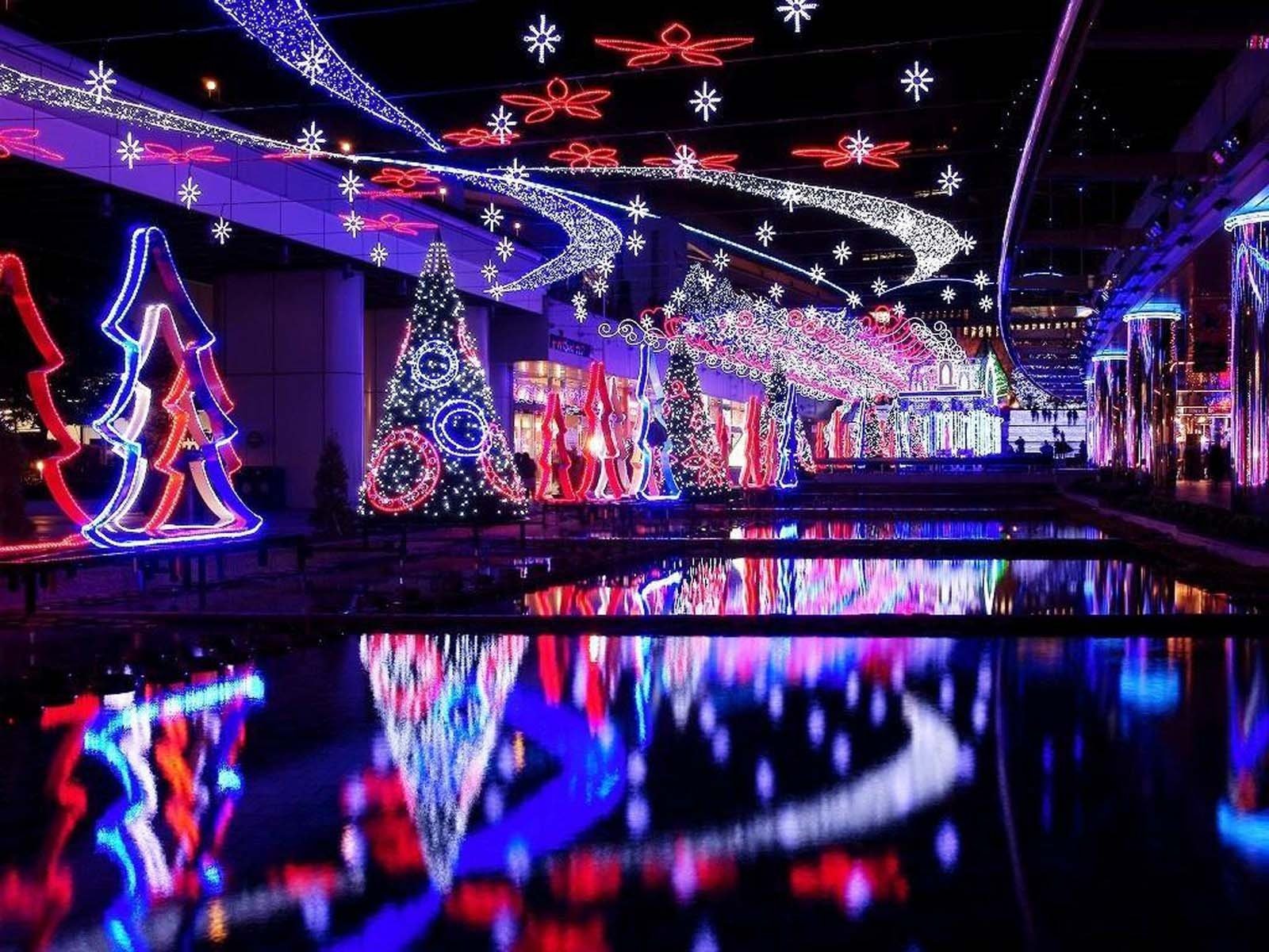 HD PC desktop wallpaper featuring vibrant Christmas lights and decorated Christmas trees, creating a festive holiday atmosphere with colorful reflections.