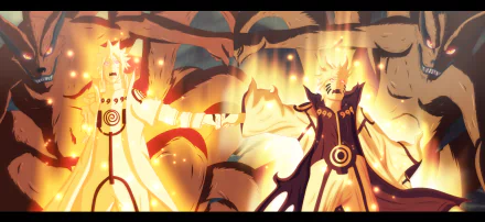 Minato Namikaze and Naruto Uzumaki in Sage Mode radiate power with Kurama in the background. A dynamic HD wallpaper from the anime Naruto, capturing intense energy and vibrant colors.