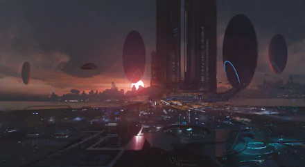 A futuristic sci-fi cityscape with towering skyscrapers and flying vehicles at sunset, rendered in 4K Ultra HD for a striking PC desktop wallpaper.