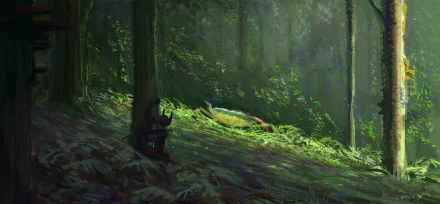 2K Quad HD PC desktop wallpaper: a hunter hides in a shadowed forest while a glowing fantasy animal creature lies in a sunlit clearing.
