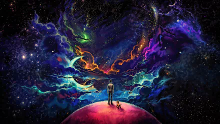 HD desktop wallpaper showcasing a colorful sci-fi scene with a man and a dog standing on a vibrant planet, gazing at a crescent moon amidst swirling, cosmic clouds in space.
