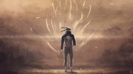 HD desktop wallpaper featuring Naruto Uzumaki, a blonde ninja from the anime Naruto, standing with an explosion of energy behind him in a dramatic, mysterious setting.