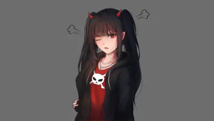 HD desktop wallpaper featuring an original anime character with red eyes and black twintails, wearing a red shirt with a skull design. The character has a winking expression and appears to be annoyed.