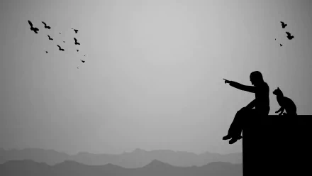 Black and white 4K Ultra HD wallpaper showing a sad silhouette of a person and a cat on a ledge, pointing at a flock of birds flying over distant mountains.