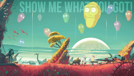 HD desktop wallpaper featuring Rick Sanchez and Morty Smith from the TV show Rick and Morty in a No Man's Sky-themed landscape with an alien head and the text SHOW ME WHAT YOU GOT.