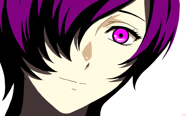 Minimalist 8K Ultra HD anime wallpaper featuring Touka Kirishima from Tokyo Ghoul:re with purple hair, pink eyes, and a subtle smile in a clean, minimalist style.