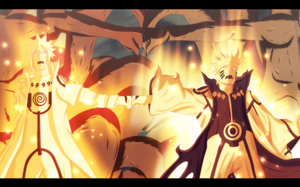 Minato Namikaze and Naruto Uzumaki in Sage Mode radiate power with Kurama in the background. A dynamic HD wallpaper from the anime Naruto, capturing intense energy and vibrant colors.