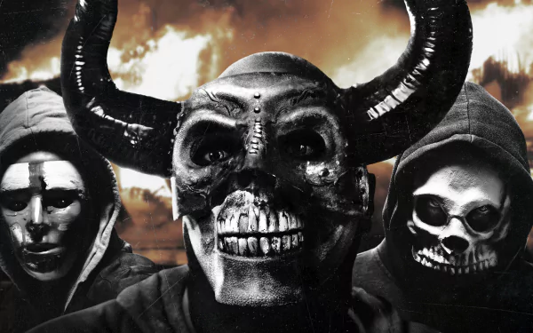 HD PC desktop wallpaper featuring three masked figures from the movie The First Purge, with a dark and ominous sky in the background.