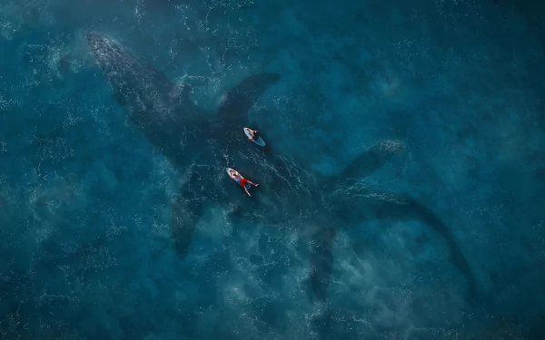 HD PC desktop wallpaper from the movie Jurassic World: Fallen Kingdom featuring two kayakers paddling above a massive underwater dinosaur.