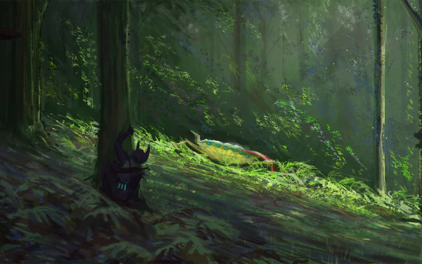 2K Quad HD PC desktop wallpaper: a hunter hides in a shadowed forest while a glowing fantasy animal creature lies in a sunlit clearing.
