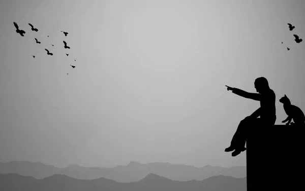 Black and white 4K Ultra HD wallpaper showing a sad silhouette of a person and a cat on a ledge, pointing at a flock of birds flying over distant mountains.