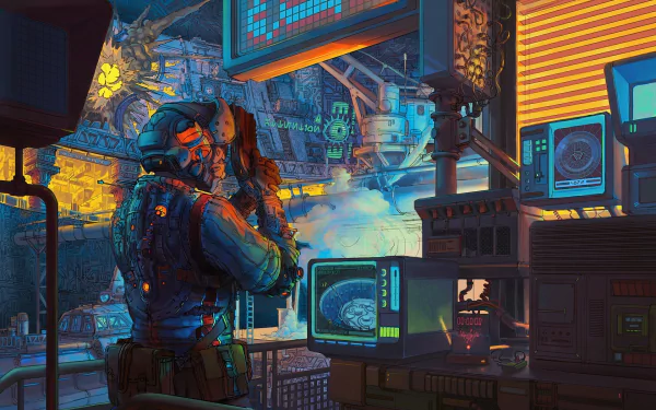 HD cyberpunk wallpaper featuring a futuristic warrior armed with a weapon, surrounded by neon-lit sci-fi technology in a dystopian setting.
