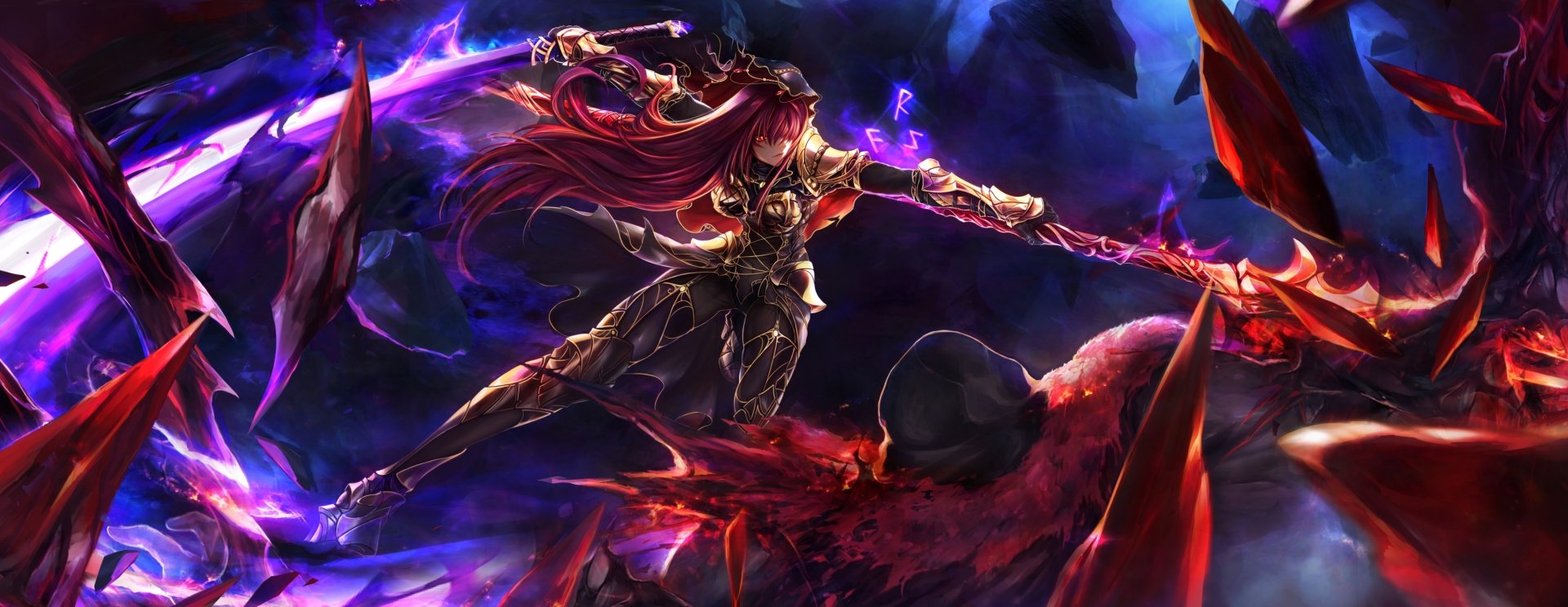 HD PC desktop wallpaper featuring Scathach from Fate/Grand Order in dynamic anime style, wielding a glowing purple spear amid a dark, fiery battle scene.
