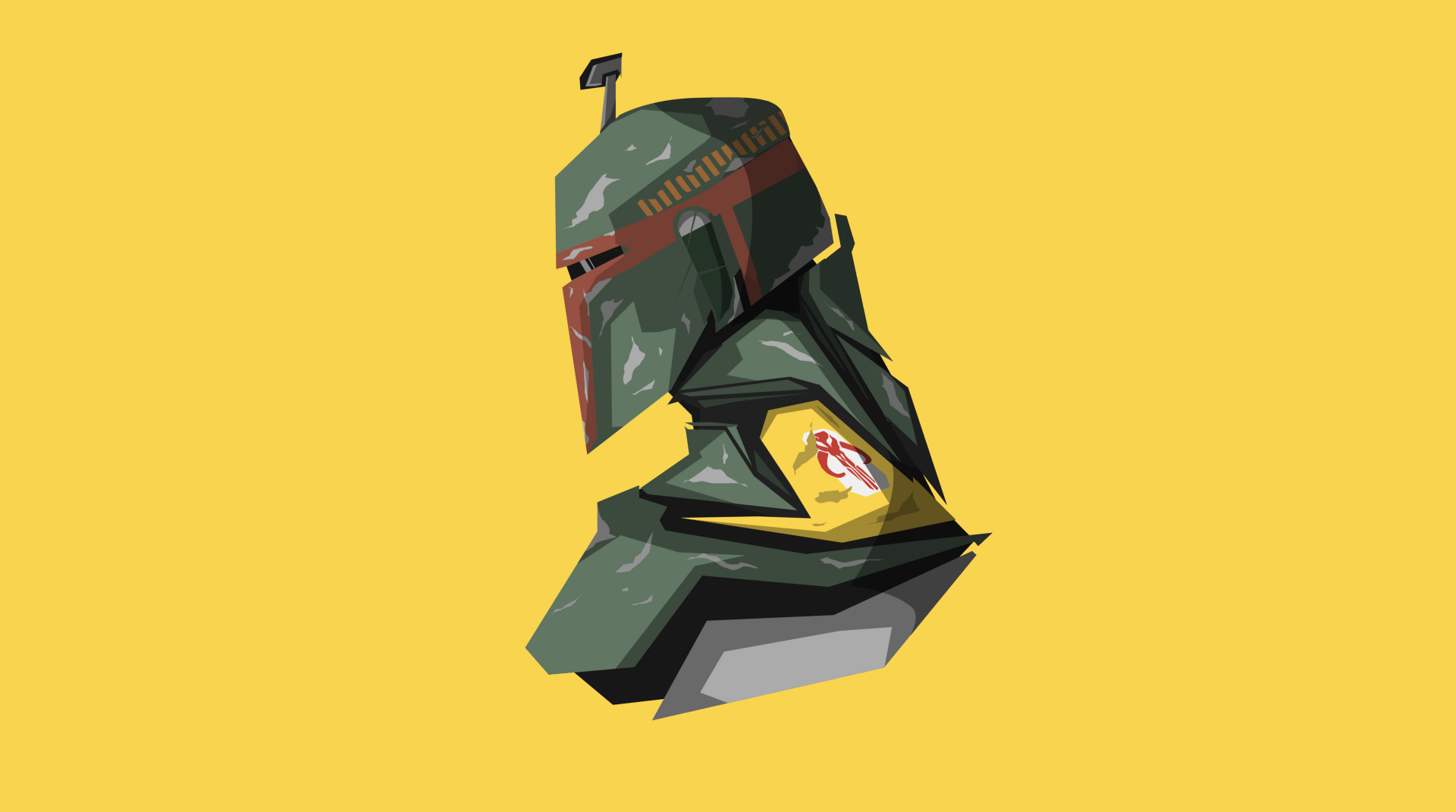 4K Ultra HD PC desktop wallpaper featuring a minimalist, stylized portrait of Boba Fett from the Star Wars sci-fi universe on a yellow background.
