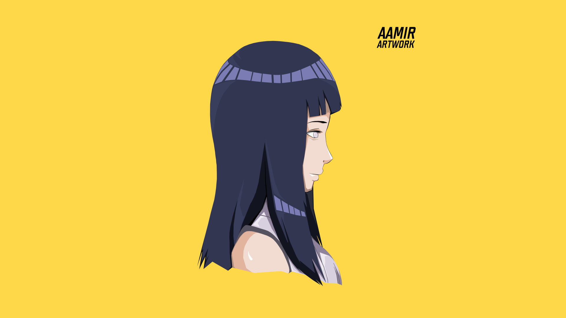 8K Ultra HD anime wallpaper featuring Hinata Hyuga from Naruto, depicted in profile against a vibrant yellow background.
