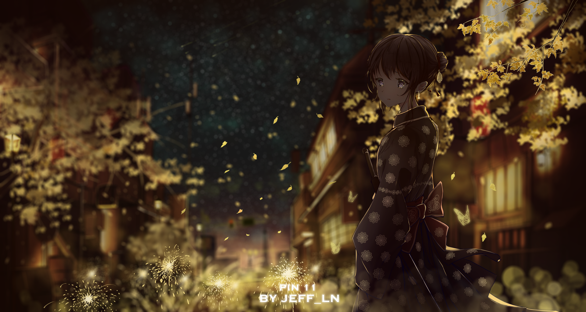 Anime girl in a kimono stands against a softly lit night street, surrounded by glowing particles, captured in a 4K Ultra HD PC desktop wallpaper.