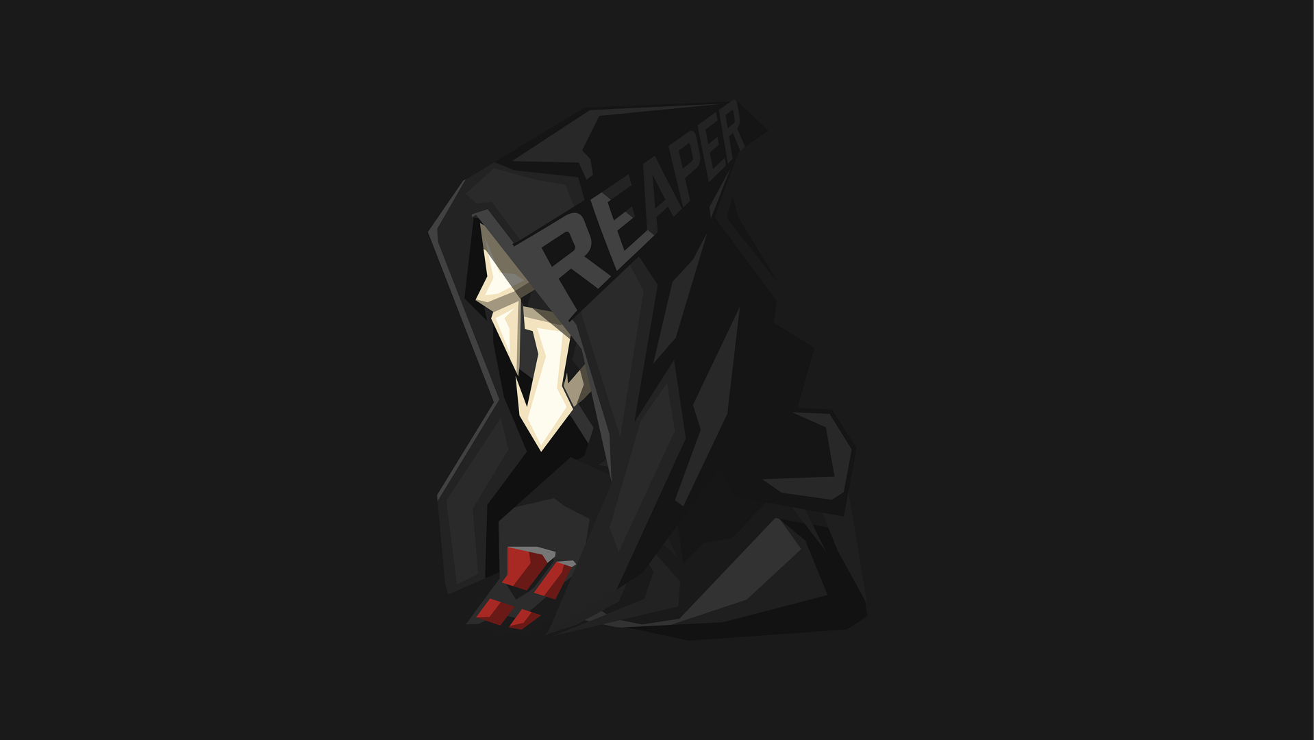 8K Ultra HD PC desktop wallpaper featuring a stylized Reaper from Overwatch, showcasing the character’s iconic dark hood and mask in a minimalist design.
