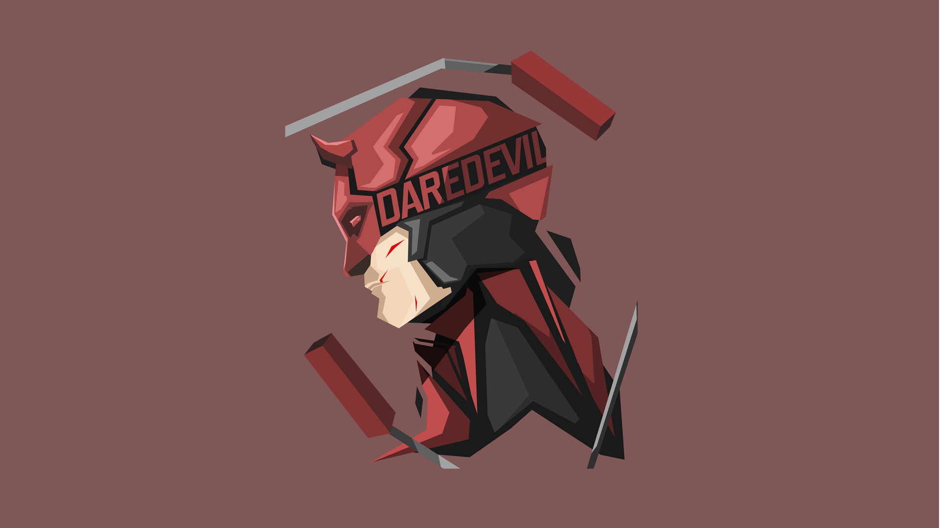 Stylized comic profile of Daredevil in a red horned helmet with DAREDEVIL lettering, geometric shards on a maroon field — 8K Ultra HD PC desktop wallpaper and background.