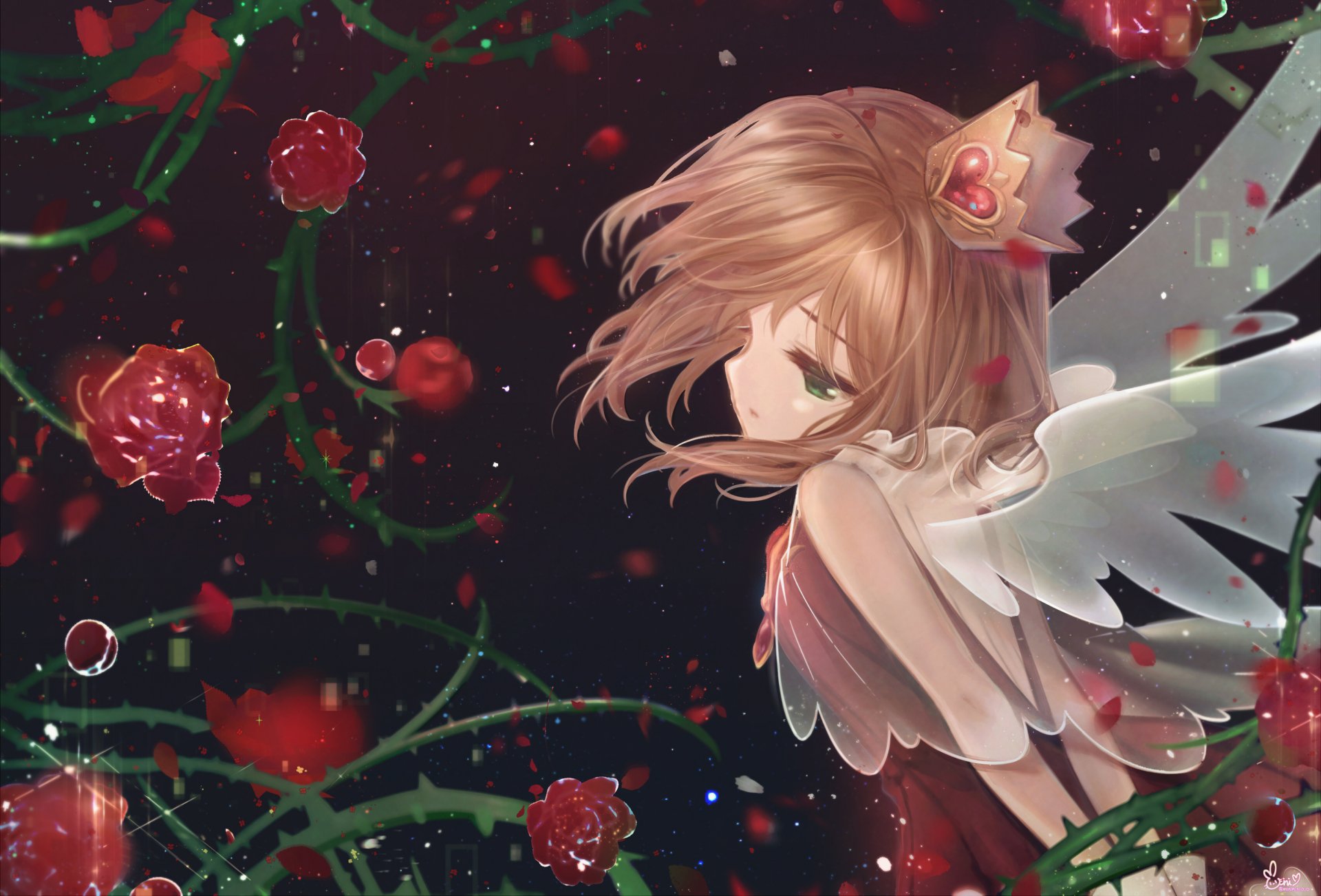 HD PC desktop wallpaper featuring Sakura Kinomoto from Cardcaptor Sakura in an anime style, surrounded by red roses and glowing petals against a dark background.
