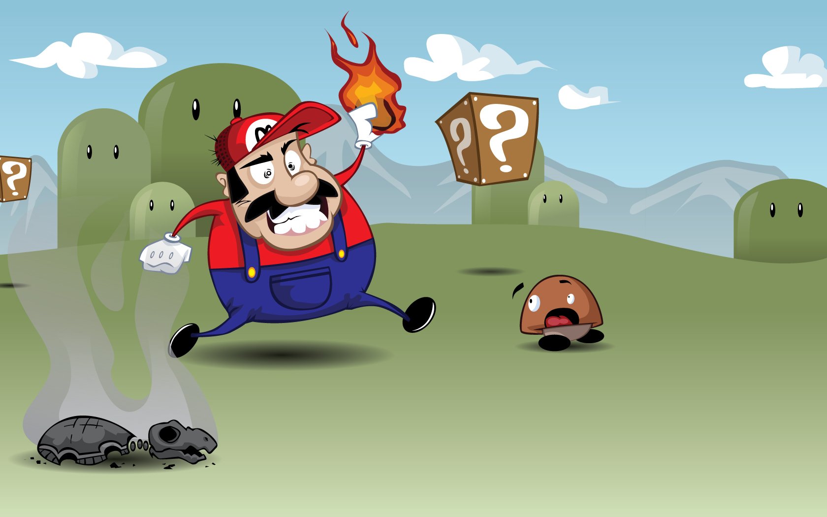 Mario, in his iconic red cap, jumps energetically while tossing fire at Goomba and Koopa Troopa amidst a colorful landscape, capturing the essence of the Super Mario video game.