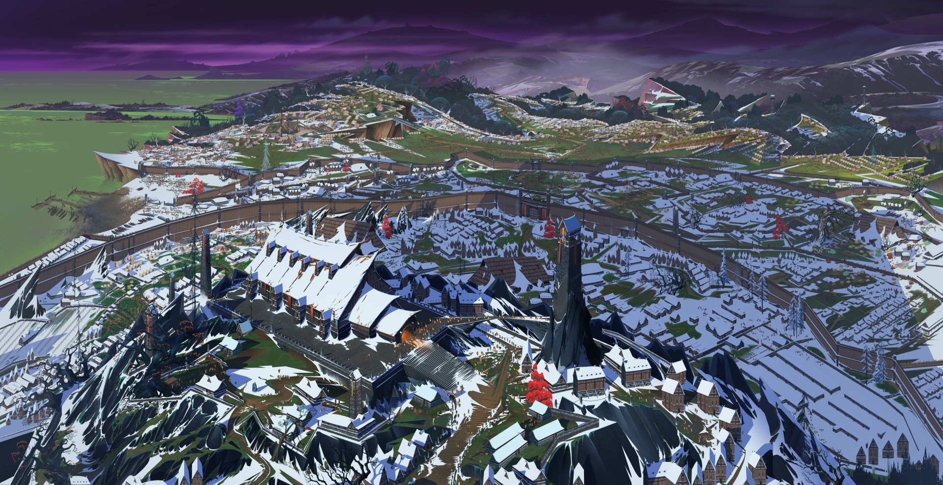 A detailed 4K Ultra HD cityscape from The Banner Saga 3 video game, featuring snow-covered buildings and dark, dramatic skies.