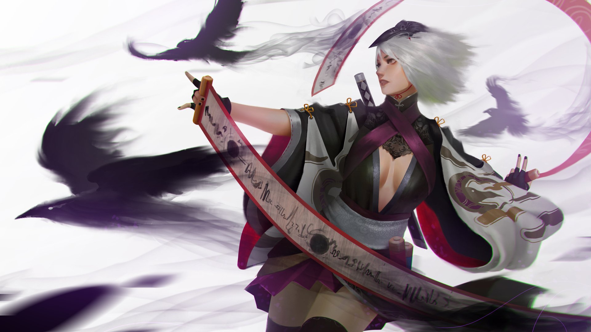 A white-haired oriental woman warrior in dynamic pose with scrolls, surrounded by crows, rendered in detailed 4K Ultra HD fantasy style.