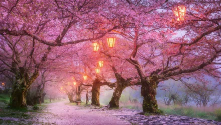 HD desktop wallpaper featuring a serene nature scene of a path lined with cherry blossom trees in full bloom during spring, adorned with glowing lanterns.