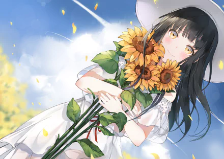 HD anime original artwork of a girl in a white dress and hat holding sunflowers against a bright blue sky, designed as a vibrant PC desktop wallpaper background.