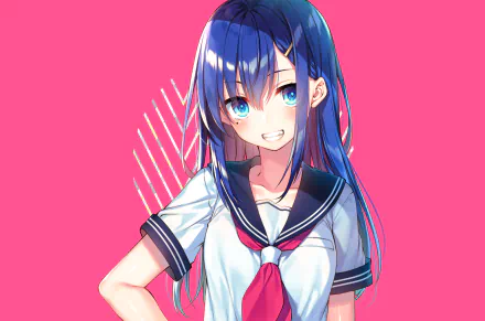 HD desktop wallpaper of an original anime character with long blue hair, bright blue eyes, and a sailor-style school uniform, set against a vibrant pink background.