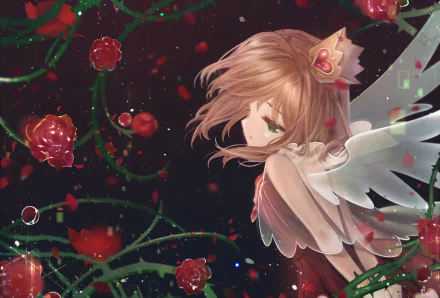 HD PC desktop wallpaper featuring Sakura Kinomoto from Cardcaptor Sakura in an anime style, surrounded by red roses and glowing petals against a dark background.