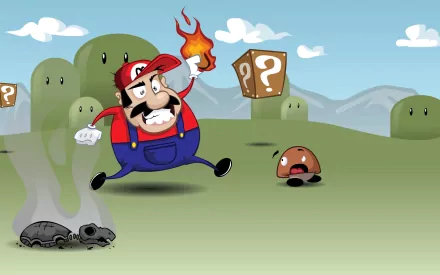 Mario, in his iconic red cap, jumps energetically while tossing fire at Goomba and Koopa Troopa amidst a colorful landscape, capturing the essence of the Super Mario video game.