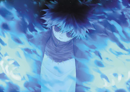 HD wallpaper of Dabi from My Hero Academia, featuring a character with black hair and a scar, set against a vivid blue flame background.