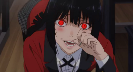 HD wallpaper featuring Yumeko Jabami from the anime Kakegurui, depicted with red eyes and a mischievous smile, wearing her characteristic school uniform.