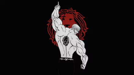 HD desktop wallpaper depicting Escanor from The Seven Deadly Sins anime, featuring a muscular silhouette against a black background with a red lion emblem.