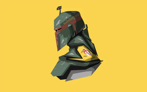 4K Ultra HD PC desktop wallpaper featuring a minimalist, stylized portrait of Boba Fett from the Star Wars sci-fi universe on a yellow background.