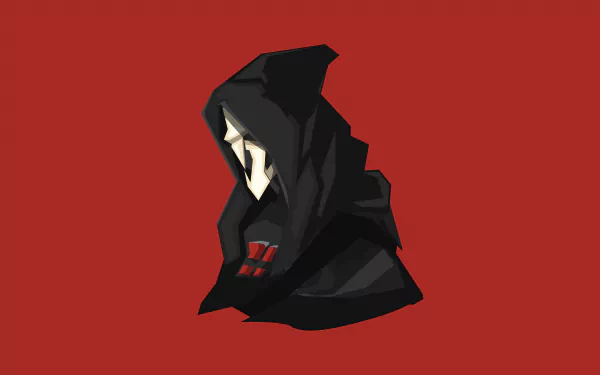 Reaper from Overwatch in a stylized 4K Ultra HD PC desktop wallpaper with a minimalist red background.