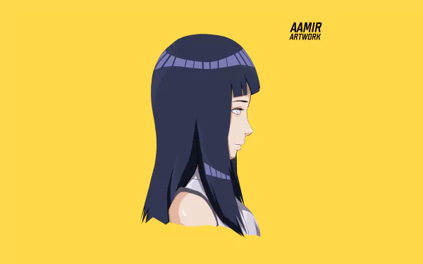 8K Ultra HD anime wallpaper featuring Hinata Hyuga from Naruto, depicted in profile against a vibrant yellow background.