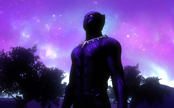 Black Panther from the Marvel movie stands against a vibrant purple cosmic sky in this 4K Ultra HD PC desktop wallpaper.