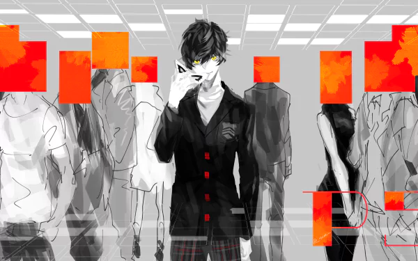 4K Ultra HD wallpaper featuring Akira Kurusu from the video game Persona 5, standing confidently amidst abstract figures with vibrant red accents.