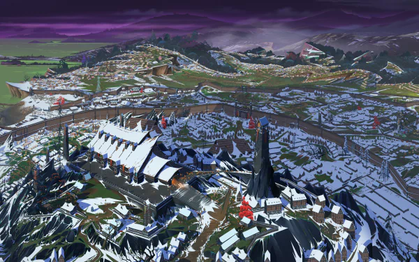 A detailed 4K Ultra HD cityscape from The Banner Saga 3 video game, featuring snow-covered buildings and dark, dramatic skies.