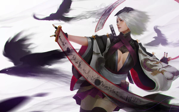 A white-haired oriental woman warrior in dynamic pose with scrolls, surrounded by crows, rendered in detailed 4K Ultra HD fantasy style.