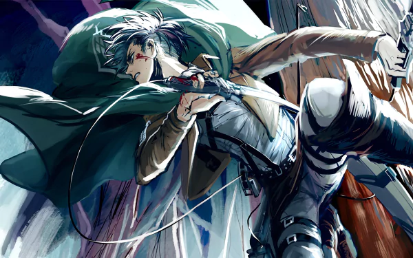 Levi Ackerman from Attack on Titan in a dynamic pose, wielding swords against a dramatic backdrop. A striking 4K Ultra HD desktop wallpaper for anime fans.