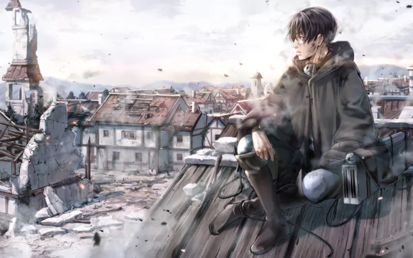 HD desktop wallpaper of Levi Ackerman from the anime Attack on Titan, sitting on a rooftop amidst a war-torn village with smoke and debris in the background.