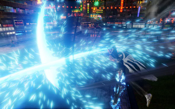 4K Ultra HD PC desktop wallpaper of Ichigo Kurosaki from the video game Jump Force, unleashing a blazing blue energy slash across a neon-lit city battlefield.