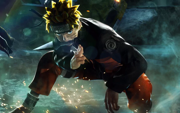 Naruto Uzumaki in an action pose, featured in the video game Jump Force. This HD desktop wallpaper showcases the character amid a dark, atmospheric background with dynamic lighting effects.